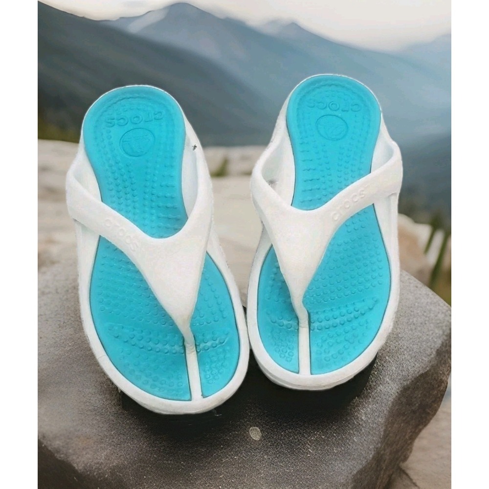Crocs Comfort Turquoise/Gray Flexible Size M-6  W-8 Cushion Flip Flop Sandals